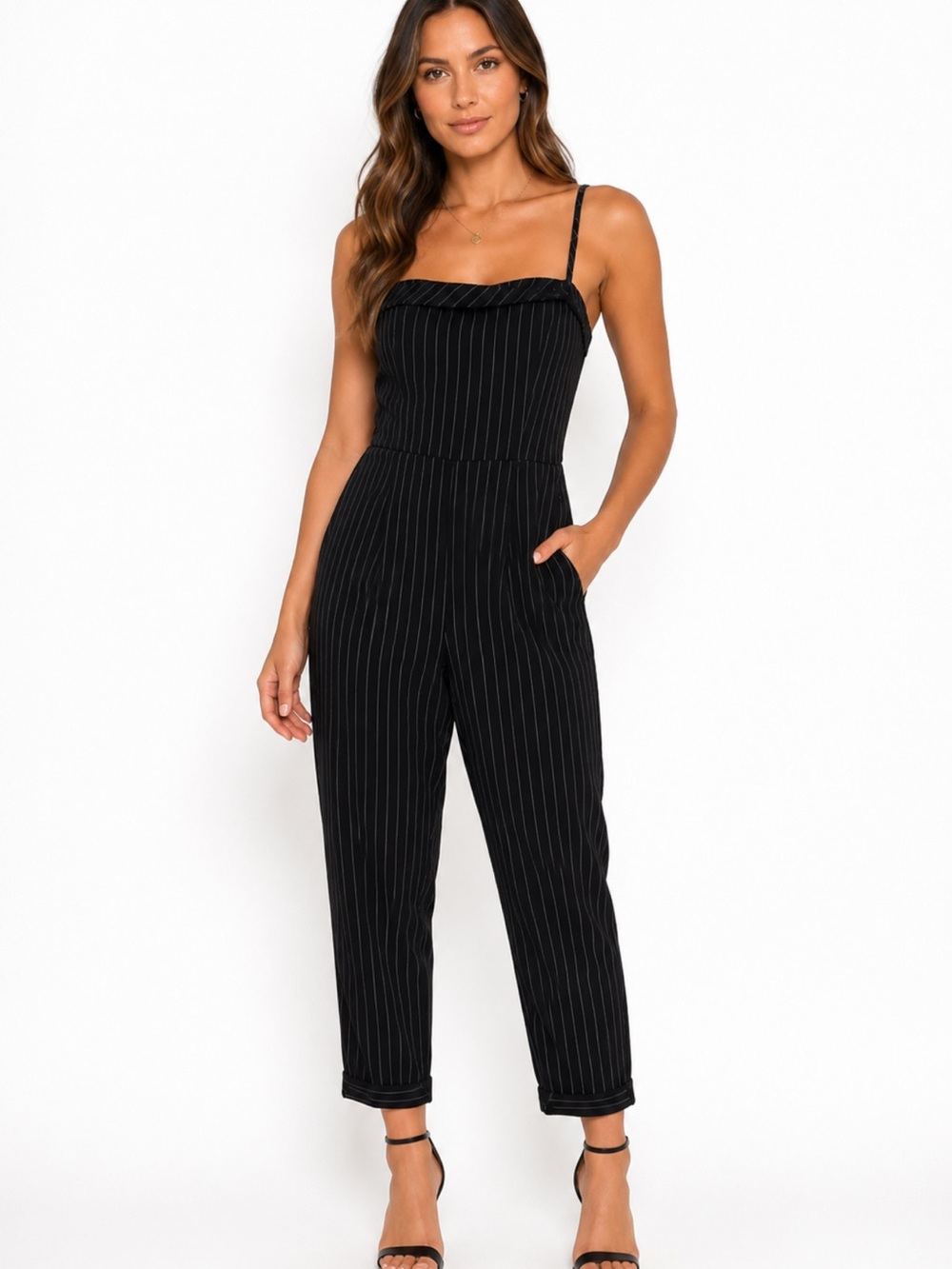 Express Black Pinstripe Sleeveless Jumpsuit Size 4 Straight Leg Career Workwear - Picture 2 of 5